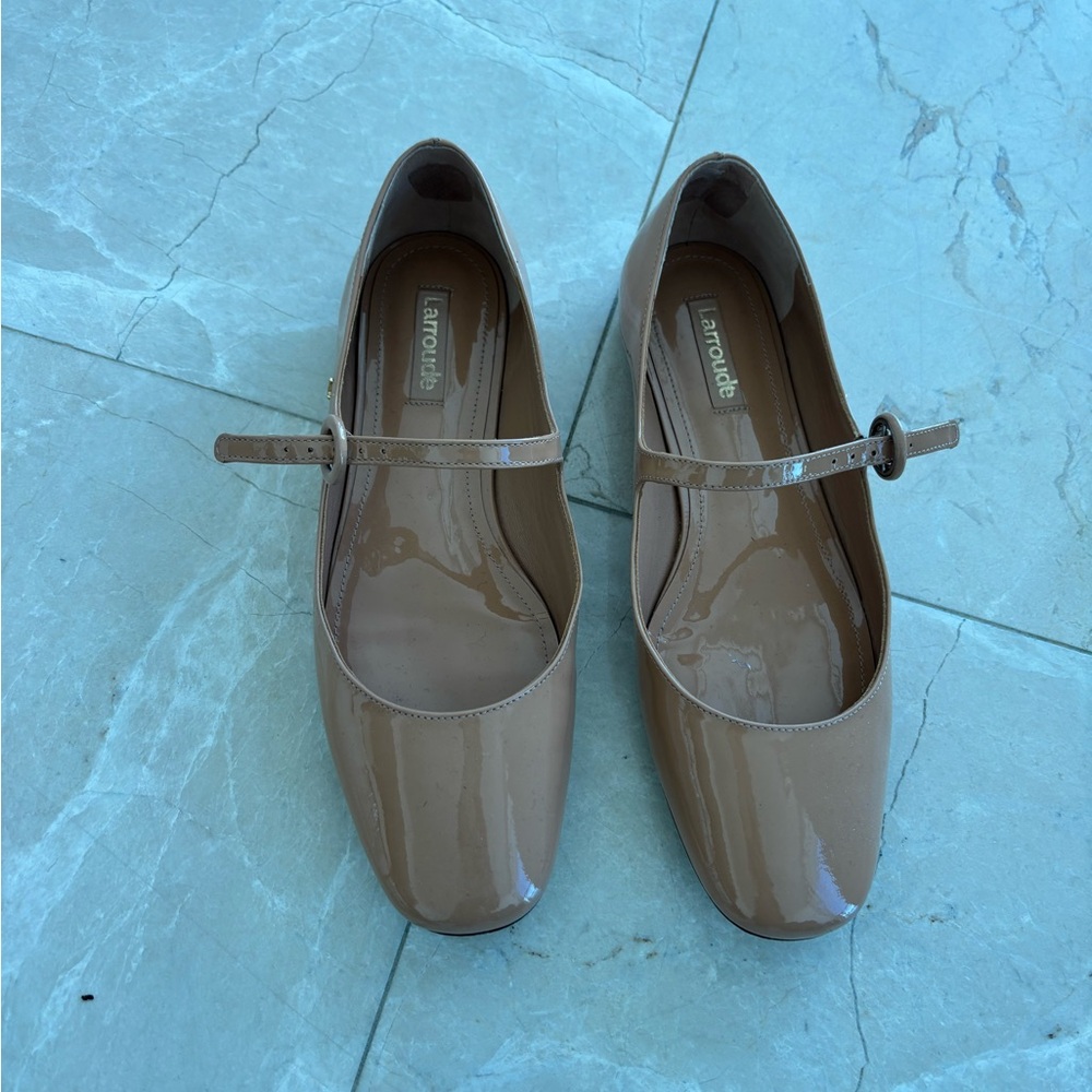 Larroude Tan Patent Leather Mary Jane Flats